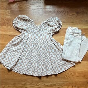 Rylee + Cru white and brown checkered dress / tunic and cream color Zara jeans